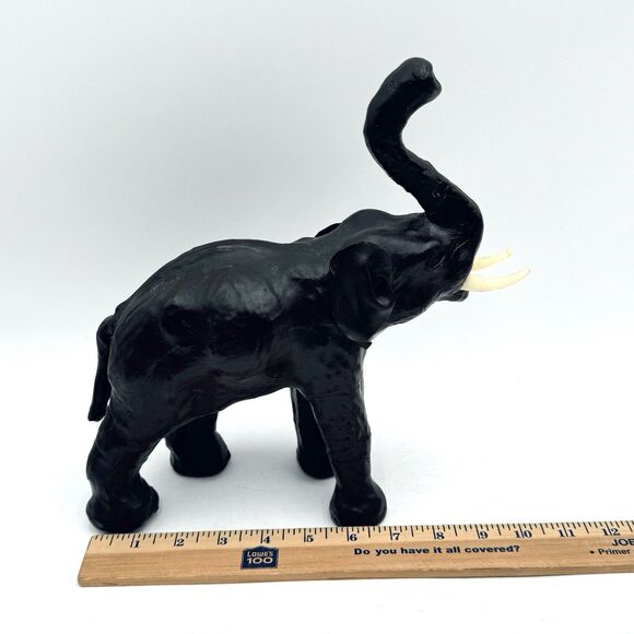 Vintage Leather Wrapped Elephant Figure Good Luck Trunk Up w Tusks - Picture 9 of 10